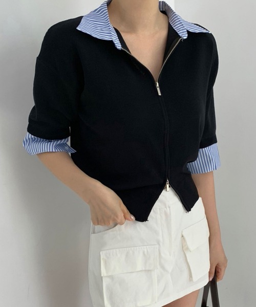 Girly Doll(ガーリードール)の「ストライプシャツドッキングジップアップニット(カーディガン/ボレロ・レディース・ブラック/グレー・FREE)」の8枚目の写真