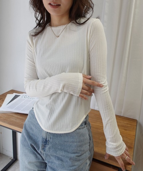 CORNERS(コーナーズ)の「ラウンドヘムリブトップス(Tシャツ/カットソー・レディース・ホワイト/ブラック/グレー・M)」の2枚目の写真