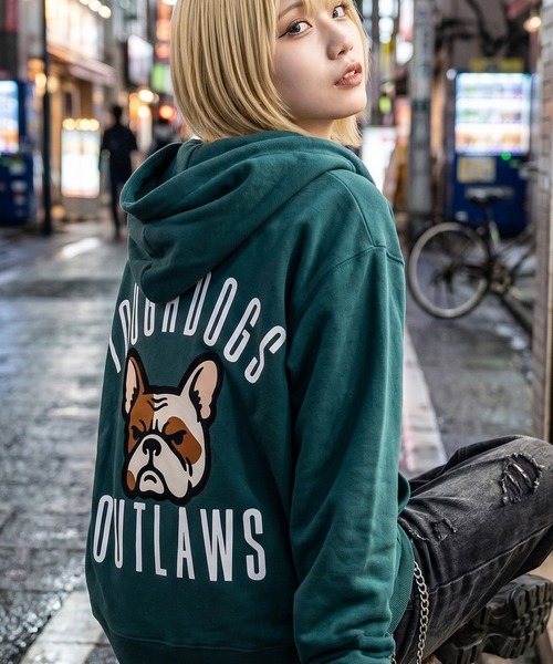 1111clothing(ワンフォークロージング)の「フレブル バックフロッキープリント ダブルジップ ワイドスウェットパーカー / ユニセックス(パーカー・メンズ・アッシュ/ブラック/ダークグリーン・M/L)」の3枚目の写真