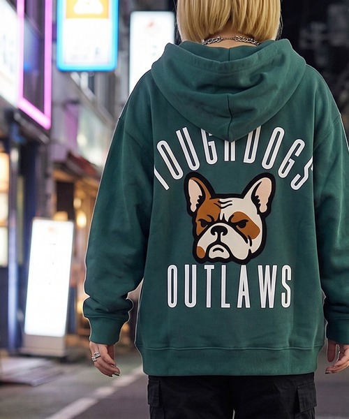 1111clothing(ワンフォークロージング)の「フレブル バックフロッキープリント ダブルジップ ワイドスウェットパーカー / ユニセックス(パーカー・メンズ・アッシュ/ブラック/ダークグリーン・M/L)」の4枚目の写真