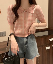 襟付きチェックニット