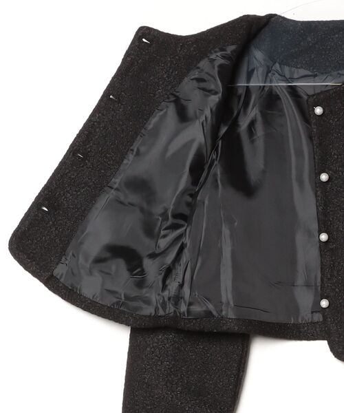 YUGA(ユーガ)の「YUGA_YGMC Korean-style Collarless Tweed-Style Jacket with Pearl Buttons(ノーカラージャケット・レディース・ブラック/オフホワイト・FREE)」の4枚目の写真