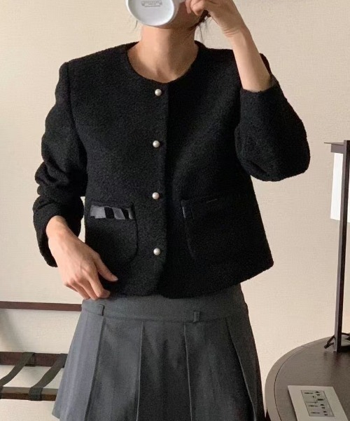 YUGA(ユーガ)の「YUGA_YGMC Korean-style Collarless Tweed-Style Jacket with Pearl Buttons(ノーカラージャケット・レディース・ブラック/オフホワイト・FREE)」の5枚目の写真