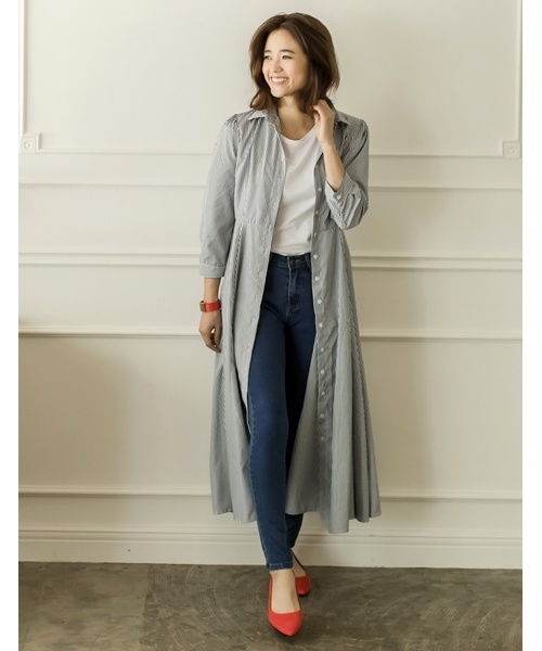 Re:EDIT（リエディ）の「ストライプシャツガウンワンピース（ワンピース・レディース・レッド/グリーン/ブラック/ブルー・LARGE/MEDIUM/SMALL）」の11枚目の写真