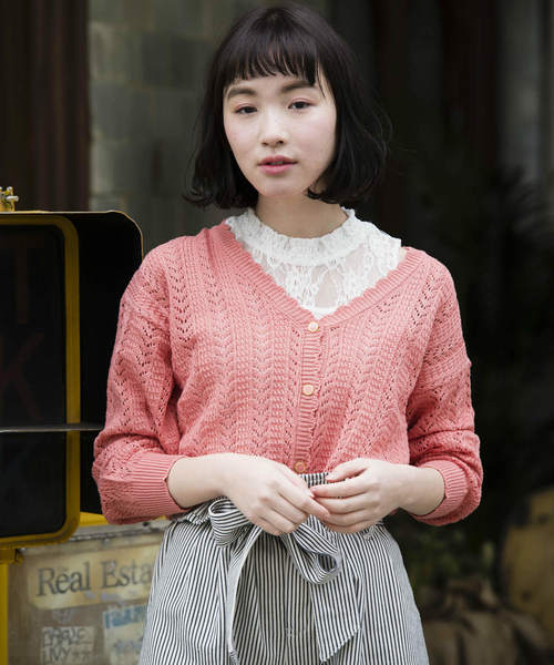 OLIVE des OLIVE（オリーブデオリーブ）の「[再入荷決定!] 透かし編みカーデ（カーディガン/ボレロ・レディース・グリーン/ピンク/ブラック/イエロー/オフホワイト/レッド・FREE）」の8枚目の写真