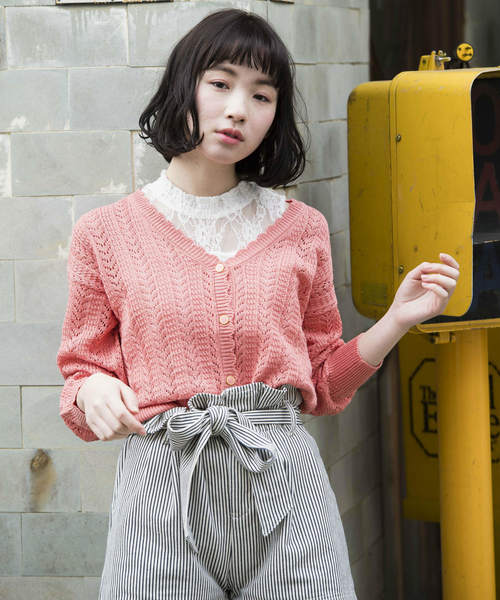 OLIVE des OLIVE（オリーブデオリーブ）の「[再入荷決定!] 透かし編みカーデ（カーディガン/ボレロ・レディース・グリーン/ピンク/ブラック/イエロー/オフホワイト/レッド・FREE）」の9枚目の写真