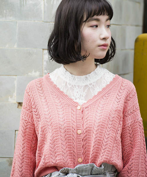 OLIVE des OLIVE（オリーブデオリーブ）の「[再入荷決定!] 透かし編みカーデ（カーディガン/ボレロ・レディース・グリーン/ピンク/ブラック/イエロー/オフホワイト/レッド・FREE）」の12枚目の写真