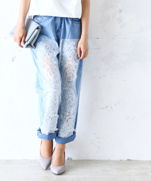 Cawaii カワイイ の 美レースでレディに仕上がるデニムパンツ デニム レースを素敵に施したゆったりパンツスタイル デニムパンツ Wear
