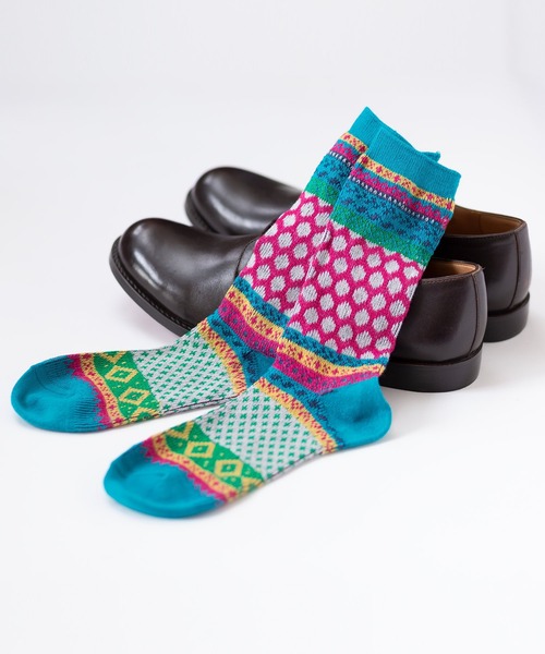 London Shoe Make（ロンドンシューメイク）の「フェアアイル柄 / Fair Isle 日本製 メンズソックス / London Shoe Make THE SOCKS 418904（ソックス/靴下・メンズ・ブルー/レッド・25cm～27cm）」の3枚目の写真