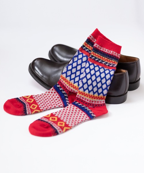 London Shoe Make（ロンドンシューメイク）の「フェアアイル柄 / Fair Isle 日本製 メンズソックス / London Shoe Make THE SOCKS 418904（ソックス/靴下・メンズ・ブルー/レッド・25cm～27cm）」の7枚目の写真