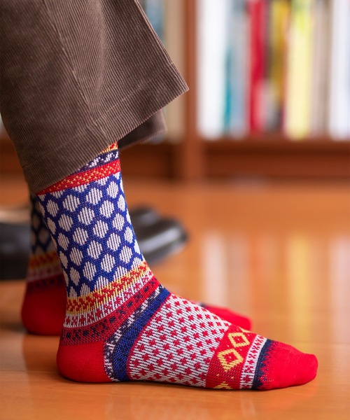 London Shoe Make（ロンドンシューメイク）の「フェアアイル柄 / Fair Isle 日本製 メンズソックス / London Shoe Make THE SOCKS 418904（ソックス/靴下・メンズ・ブルー/レッド・25cm～27cm）」の8枚目の写真