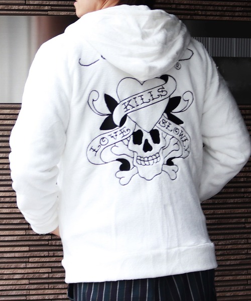 Ed Hardy(エドハーディー)の「Ed Hardy ボアフリースZIPパーカー(パーカー・メンズ・ホワイト・M/L)」の1枚目の写真