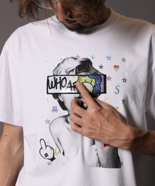 STUD MUFFIN（スタッドマフィン）の「mt6863-5.6OZコットン天竺 WHOAREYOUシークイン S-S  Tシャツ（Tシャツ/カットソー・メンズ・ホワイト/ブラック・4/2/3）」の3枚目の写真