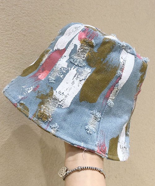 me+em select（ミームセレクト）の「ペイントデニムバケットハット【サイズ調節可能】（ハット・レディース・ライトブルー/ネイビー/ダークブルー・FREE）」の5枚目の写真