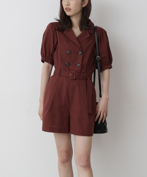 FREE'S MART（フリーズマート）の「【Sシリーズ対応】◇ダブルブレストショートコンビネゾン（サロペット/オーバーオール・レディース・ホワイト/ブラウン/ライトグリーン・SMALL/MEDIUM）」の2枚目の写真