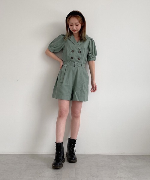 FREE'S MART（フリーズマート）の「【Sシリーズ対応】◇ダブルブレストショートコンビネゾン（サロペット/オーバーオール・レディース・ホワイト/ブラウン/ライトグリーン・SMALL/MEDIUM）」の9枚目の写真