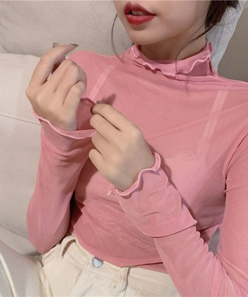 LAC-VERT（ラック・ヴェール）の「シアーハイネックトップス（Tシャツ/カットソー・レディース・ブラック/ベージュ/ブラウン/グレー/ホワイト/ピンク・FREE）」の6枚目の写真