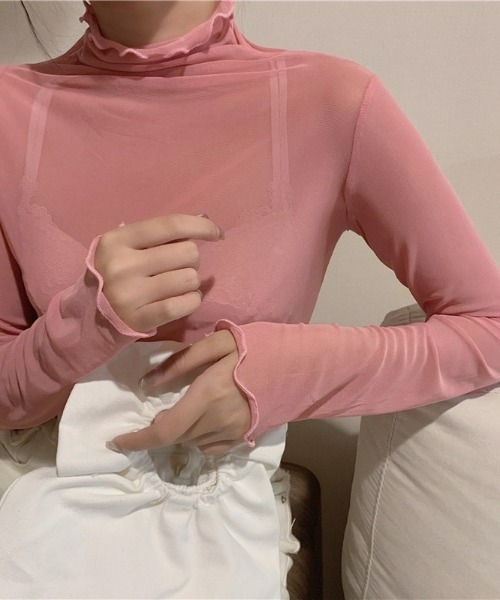 LAC-VERT（ラック・ヴェール）の「シアーハイネックトップス（Tシャツ/カットソー・レディース・ブラック/ベージュ/ブラウン/グレー/ホワイト/ピンク・FREE）」の10枚目の写真