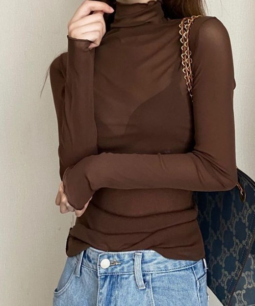 LAC-VERT（ラック・ヴェール）の「シアーハイネックトップス（Tシャツ/カットソー・レディース・ブラック/ベージュ/ブラウン/グレー/ホワイト/ピンク・FREE）」の8枚目の写真