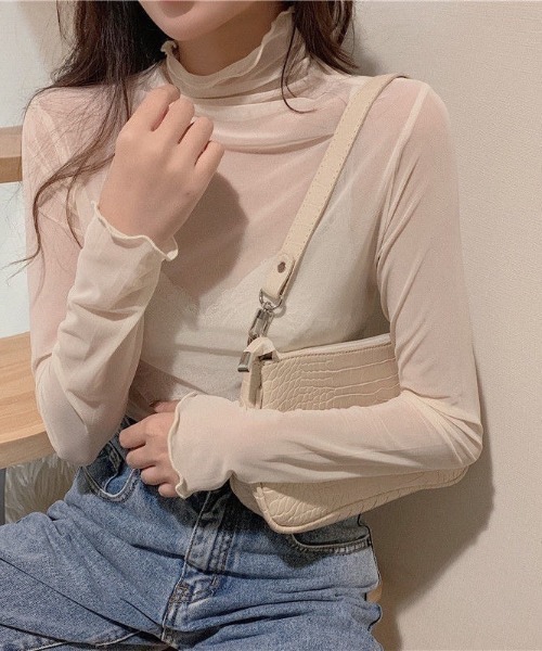 LAC-VERT（ラック・ヴェール）の「シアーハイネックトップス（Tシャツ/カットソー・レディース・ブラック/ベージュ/ブラウン/グレー/ホワイト/ピンク・FREE）」の7枚目の写真