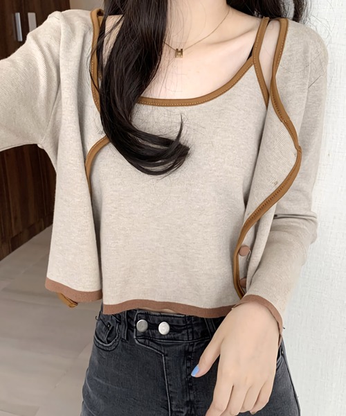 Dita(ディータ)の「配色キャミソール&カーディガン 2pセット(Tシャツ/カットソー・レディース・ホワイト/ブラック/ブラウン・FREE)」の1枚目の写真