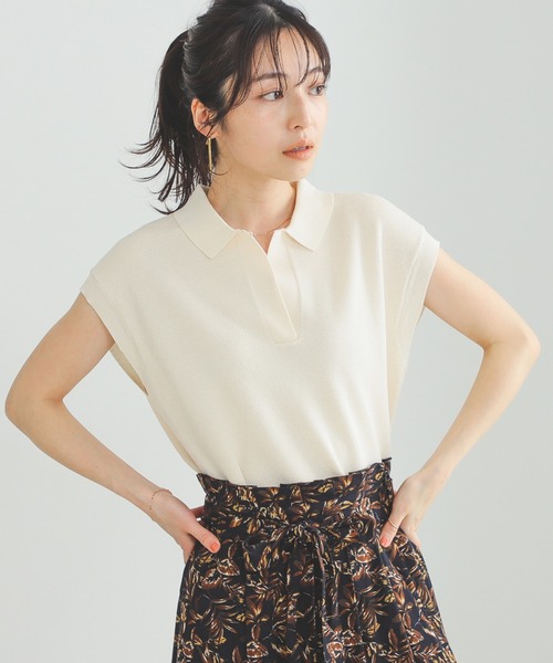BEAMS HEART（ビームスハート）の「BEAMS HEART / ニットソー ポロ（ポロシャツ・レディース・オフホワイト/ブラウン系その他4/ネイビー・FREE）」の2枚目の写真