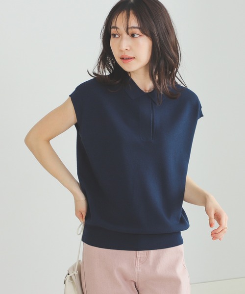 BEAMS HEART（ビームスハート）の「BEAMS HEART / ニットソー ポロ（ポロシャツ・レディース・オフホワイト/ブラウン系その他4/ネイビー・FREE）」の4枚目の写真