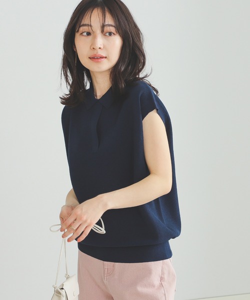 BEAMS HEART（ビームスハート）の「BEAMS HEART / ニットソー ポロ（ポロシャツ・レディース・オフホワイト/ブラウン系その他4/ネイビー・FREE）」の5枚目の写真