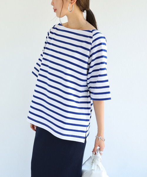 andme(アンドミー)の「コットン天竺ボートネックラグランボーダーTシャツ(Tシャツ/カットソー・レディース・ブラック/ホワイト×ブラック/ベージュ系その他/ホワイト×ピンク/ホワイト×ブルー/ホワイト×イエロー・M)」の3枚目の写真