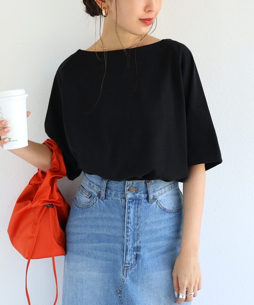 andme(アンドミー)の「コットン天竺ボートネックラグランボーダーTシャツ(Tシャツ/カットソー・レディース・ブラック/ホワイト×ブラック/ベージュ系その他/ホワイト×ピンク/ホワイト×ブルー/ホワイト×イエロー・M)」の5枚目の写真
