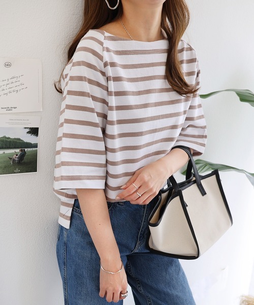 andme(アンドミー)の「コットン天竺ボートネックラグランボーダーTシャツ(Tシャツ/カットソー・レディース・ブラック/ホワイト×ブラック/ベージュ系その他/ホワイト×ピンク/ホワイト×ブルー/ホワイト×イエロー・M)」の11枚目の写真