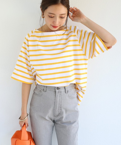 andme(アンドミー)の「コットン天竺ボートネックラグランボーダーTシャツ(Tシャツ/カットソー・レディース・ブラック/ホワイト×ブラック/ベージュ系その他/ホワイト×ピンク/ホワイト×ブルー/ホワイト×イエロー・M)」の13枚目の写真