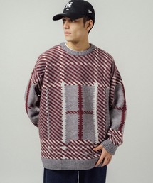 5G ビッグチェックパターンジャガード クルーネックニット