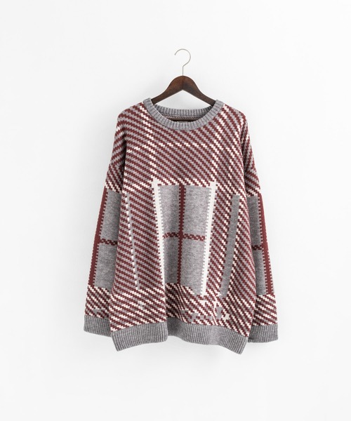 Revo.（レボ）の「5G ビッグチェックパターンジャガード クルーネックニット（ニット/セーター・メンズ・グリーン/ブルー/グレー・L/M）」の16枚目の写真