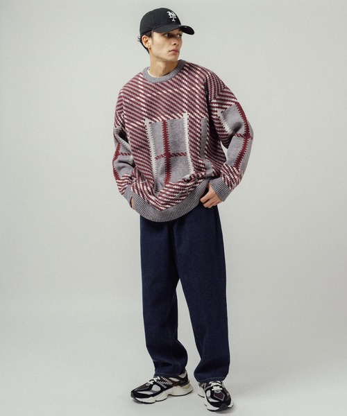 Revo.（レボ）の「5G ビッグチェックパターンジャガード クルーネックニット（ニット/セーター・メンズ・グリーン/ブルー/グレー・L/M）」の11枚目の写真