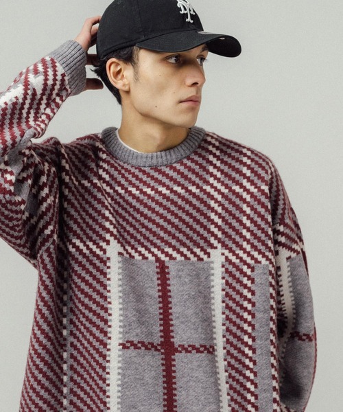 Revo.（レボ）の「5G ビッグチェックパターンジャガード クルーネックニット（ニット/セーター・メンズ・グリーン/ブルー/グレー・L/M）」の10枚目の写真