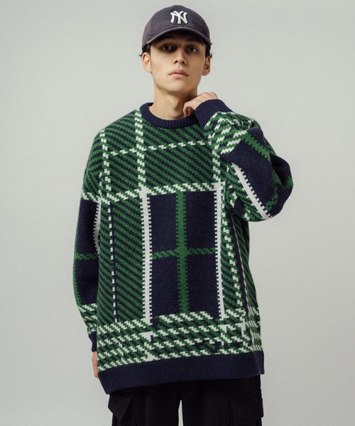 Revo.（レボ）の「5G ビッグチェックパターンジャガード クルーネックニット（ニット/セーター・メンズ・グリーン/ブルー/グレー・L/M）」の7枚目の写真