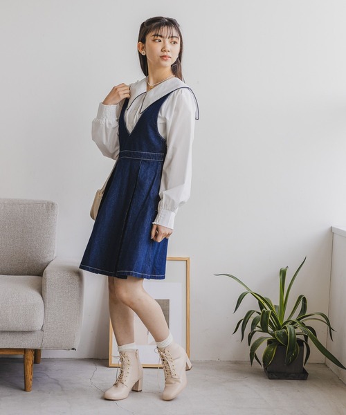 repipi armario（レピピ アルマリオ）の「Vネックボックスプリーツワンピース（ワンピース・キッズ・ブルー/ブラック/ブラウン・SMALL/MEDIUM/LARGE）」の8枚目の写真