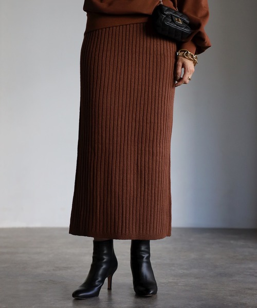 Bonjour Sagan（ボンジュールサガン）の「リブニットタイトスカート（スカート・レディース・ライトベージュ/チャコールグレー/ブラウン・FREE）」の2枚目の写真