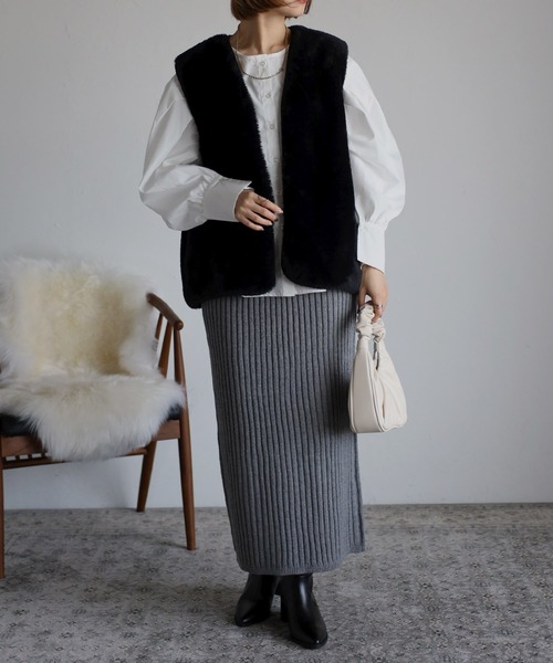 Bonjour Sagan（ボンジュールサガン）の「リブニットタイトスカート（スカート・レディース・ライトベージュ/チャコールグレー/ブラウン・FREE）」の13枚目の写真