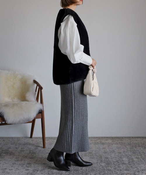 Bonjour Sagan（ボンジュールサガン）の「リブニットタイトスカート（スカート・レディース・ライトベージュ/チャコールグレー/ブラウン・FREE）」の14枚目の写真