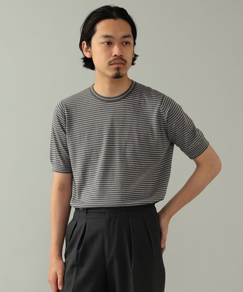 JOHN SMEDLEY（ジョンスメドレー）の「JOHN SMEDLEY × BEAMS F / 別注 コットン ボーダー クルーネックニットTシャツ（Tシャツ/カットソー・メンズ・ブラック系その他/グレー系その他/ライトブラウン/ダークブラウン/ネイビー・S/L/M）」の6枚目の写真