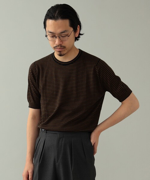 JOHN SMEDLEY（ジョンスメドレー）の「JOHN SMEDLEY × BEAMS F / 別注 コットン ボーダー クルーネックニットTシャツ（Tシャツ/カットソー・メンズ・ブラック系その他/グレー系その他/ライトブラウン/ダークブラウン/ネイビー・S/L/M）」の9枚目の写真