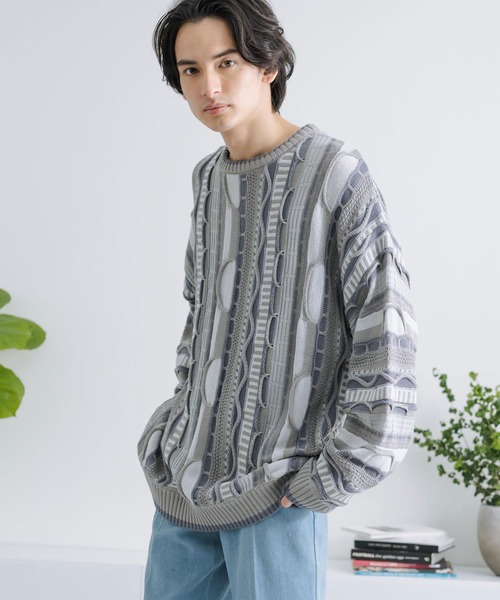 Rocky Monroe(ロッキーモンロー)の「オーバーサイズジャガード編みクルーネック3Dニットセーター(ニット/セーター・メンズ・ブラック/グレイッシュベージュ/グレー/サックスブルー/ベージュ・M/L)」の3枚目の写真
