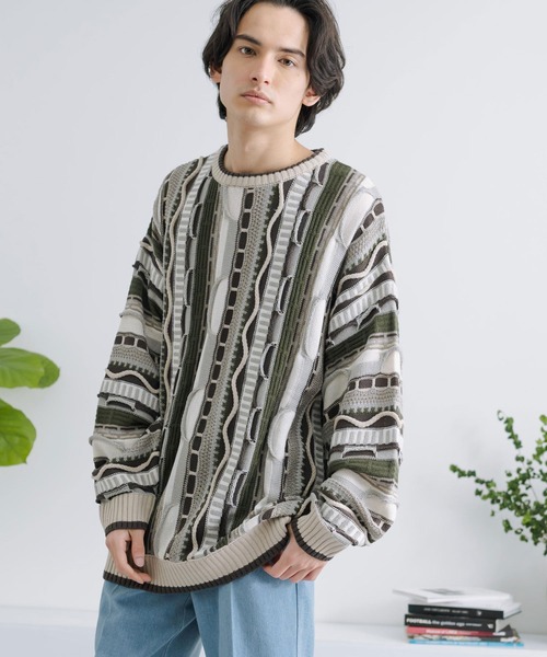 Rocky Monroe(ロッキーモンロー)の「オーバーサイズジャガード編みクルーネック3Dニットセーター(ニット/セーター・メンズ・ブラック/グレイッシュベージュ/グレー/サックスブルー/ベージュ・M/L)」の5枚目の写真