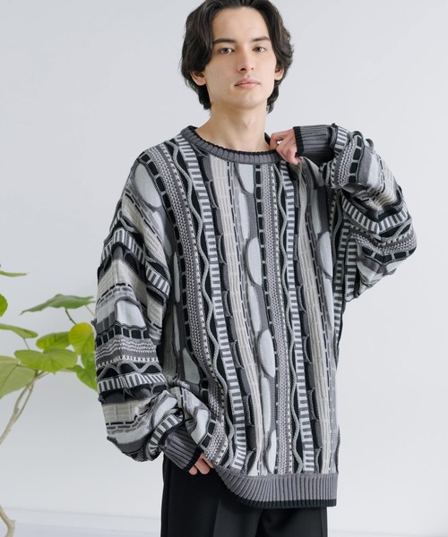 Rocky Monroe(ロッキーモンロー)の「オーバーサイズジャガード編みクルーネック3Dニットセーター(ニット/セーター・メンズ・ブラック/グレイッシュベージュ/グレー/サックスブルー/ベージュ・M/L)」の2枚目の写真