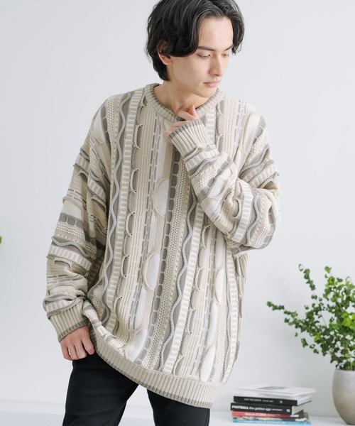Rocky Monroe(ロッキーモンロー)の「オーバーサイズジャガード編みクルーネック3Dニットセーター(ニット/セーター・メンズ・ブラック/グレイッシュベージュ/グレー/サックスブルー/ベージュ・M/L)」の13枚目の写真