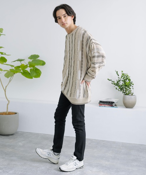 Rocky Monroe(ロッキーモンロー)の「オーバーサイズジャガード編みクルーネック3Dニットセーター(ニット/セーター・メンズ・ブラック/グレイッシュベージュ/グレー/サックスブルー/ベージュ・M/L)」の14枚目の写真