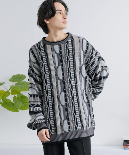 Rocky Monroe(ロッキーモンロー)の「オーバーサイズジャガード編みクルーネック3Dニットセーター(ニット/セーター・メンズ・ブラック/グレイッシュベージュ/グレー/サックスブルー/ベージュ・M/L)」の6枚目の写真