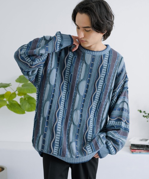 Rocky Monroe(ロッキーモンロー)の「オーバーサイズジャガード編みクルーネック3Dニットセーター(ニット/セーター・メンズ・ブラック/グレイッシュベージュ/グレー/サックスブルー/ベージュ・M/L)」の19枚目の写真
